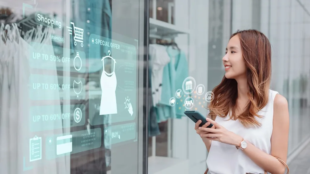 a woman shopping for clothes online looks at the AI-driven virtual try on options