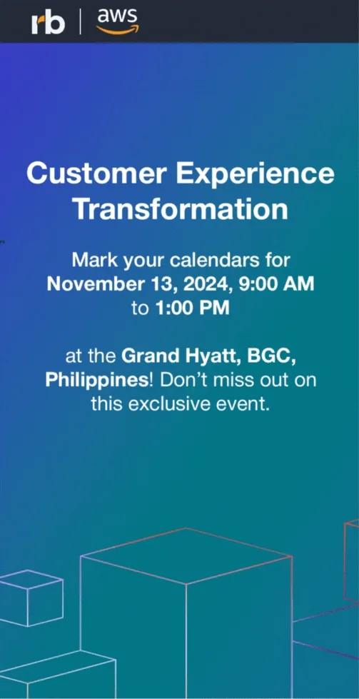 Rockbird Media GIF graphic for inviting everyone to join the Customer Experience Transformation event on November 13, 2024 at Grand Hyatt, BGC