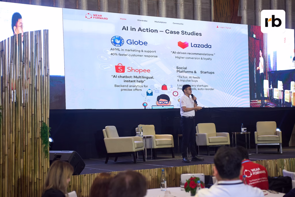 A speaker presents on stage about AI case studies from Globe, Lazada, Shopee, and social platforms, with a large screen displaying key points behind him.