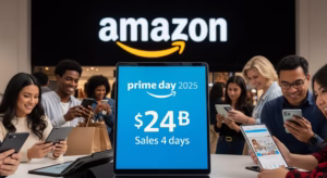 Prime Day 2025 logo highlighting $24.1 billion in sales and AI-driven shopping.