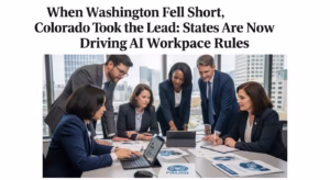 Diverse business team in a meeting discussing AI workplace regulations with reports and laptops on the table.