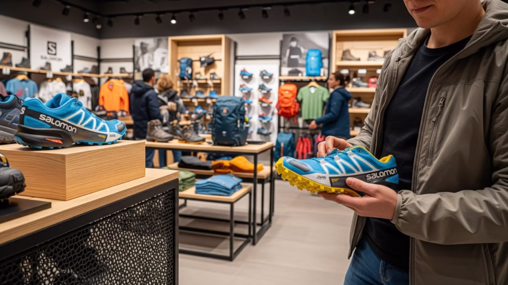 Shopper buying browsing for Salomon products in-store