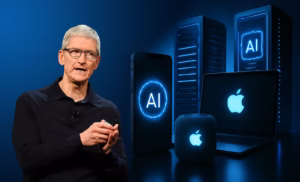 Tim Cook addressing Apple employees about AI strategy at Apple Park